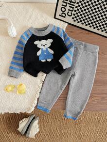 Souflis 2pcs/Set Baju Rajut Jacquard Motif Beruang Lucu Modis untuk Bayi Laki-laki, Atasan Leher Bulat - Biru - View 1