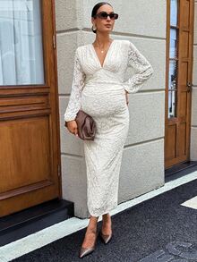 MaterniWear 優雅素色提花修身孕婦洋裝 秋季 - 杏色 - 查看 4