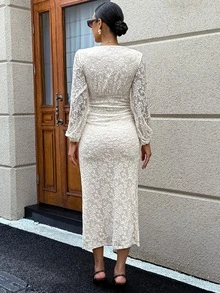 MaterniWear 優雅素色提花修身孕婦洋裝 秋季 - 杏色 - 查看 3