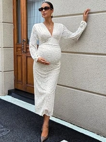 MaterniWear 優雅素色提花修身孕婦洋裝 秋季 - 杏色 - 查看 7