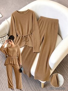 GlowEve CURVE Kaos Lengan Panjang Plus Polos dengan Sabuk dan Celana, Gaya Kasual Formal Tradisional untuk Liburan Musim Gugur, Warna Camel, Cocok untuk Acara Formal dan Bersantai - Coklat - View 6