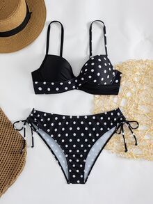Swim Lushoire Women's Summer Beach Polka Dot Print Two-Piece Swimsuit, Random Print, Push-Up With Underwire - Black and White - View 6