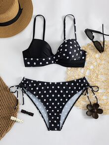 Swim Lushoire Women's Summer Beach Polka Dot Print Two-Piece Swimsuit, Random Print, Push-Up With Underwire - Black and White - View 5