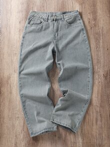 Manfinity Joysei Celana Jeans Kasual Longgar Lurus Lebar Motif Leopard Abu-abu untuk Hari Kemerdekaan Musim Panas, Model Streetwear, Motif Pantai, Patung Liberty, Cetakan Huruf, Tampilan Usang, Dicuci, Potongan Lurus Lebar - Biru - View 2