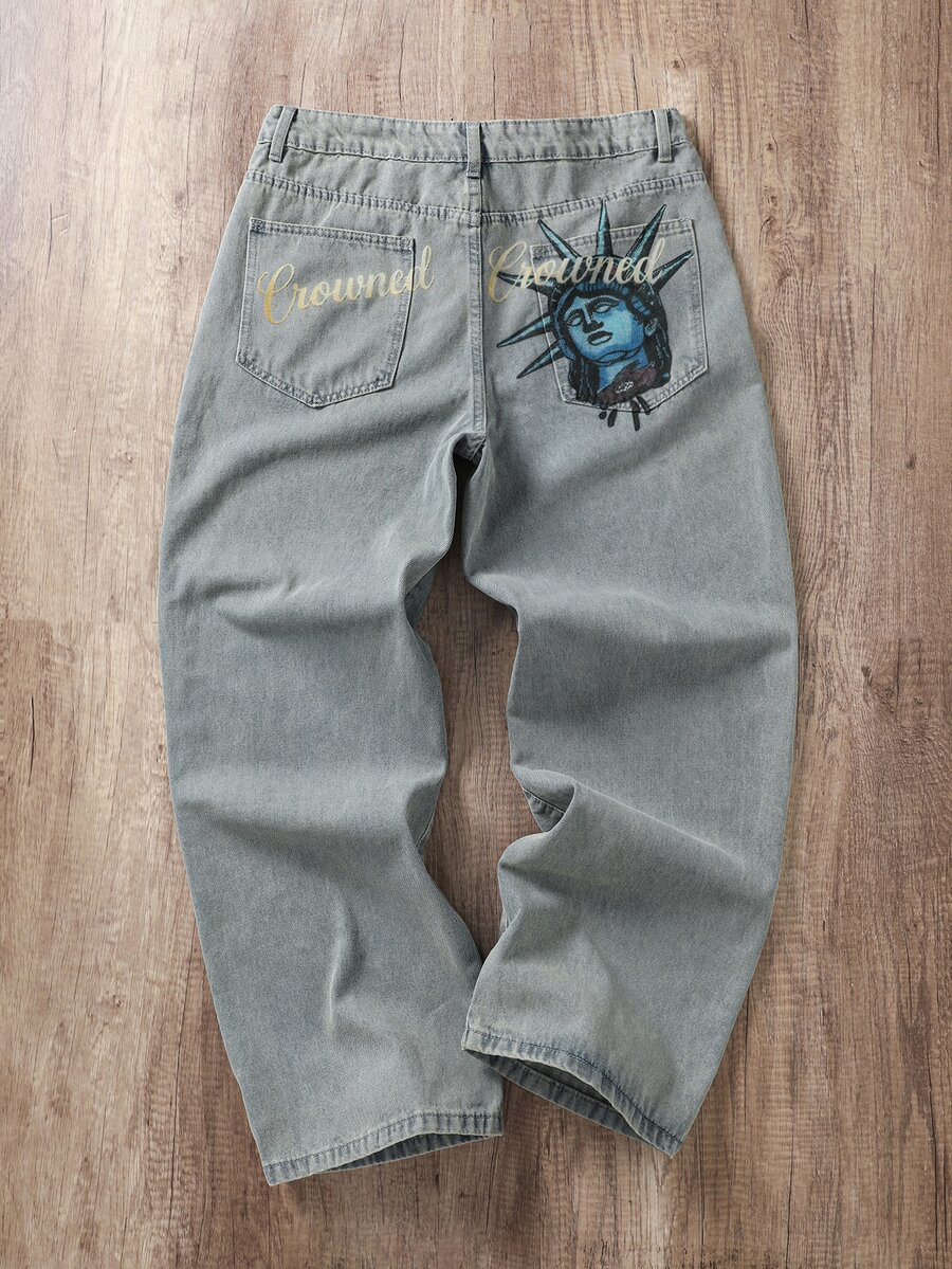 Manfinity Joysei Celana Jeans Kasual Longgar Lurus Lebar Motif Leopard Abu-abu untuk Hari Kemerdekaan Musim Panas, Model Streetwear, Motif Pantai, Patung Liberty, Cetakan Huruf, Tampilan Usang, Dicuci, Potongan Lurus Lebar - Biru - View 1
