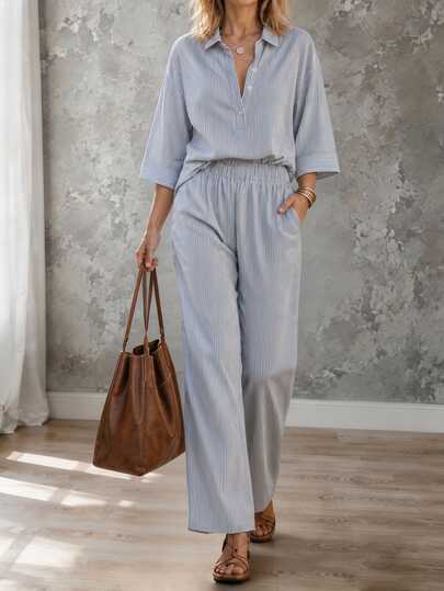 Louniche Women's Casual Coastal Modest Blue And White Stripe Shirt And Long Pants 2 Pieces Set Teachers' Day Daily Wear All-Season Vacation Travel Autumn