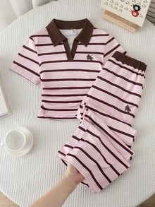 SHEIN Elladie kids 女童小號條紋短袖上衣與長褲兩件套，粉色底棕色條紋，短版 Polo 上衣配對比領 - 粉色 - 查看 7