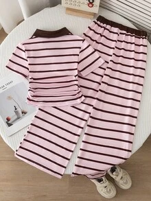 SHEIN Elladie kids 女童小號條紋短袖上衣與長褲兩件套，粉色底棕色條紋，短版 Polo 上衣配對比領 - 粉色 - 查看 2