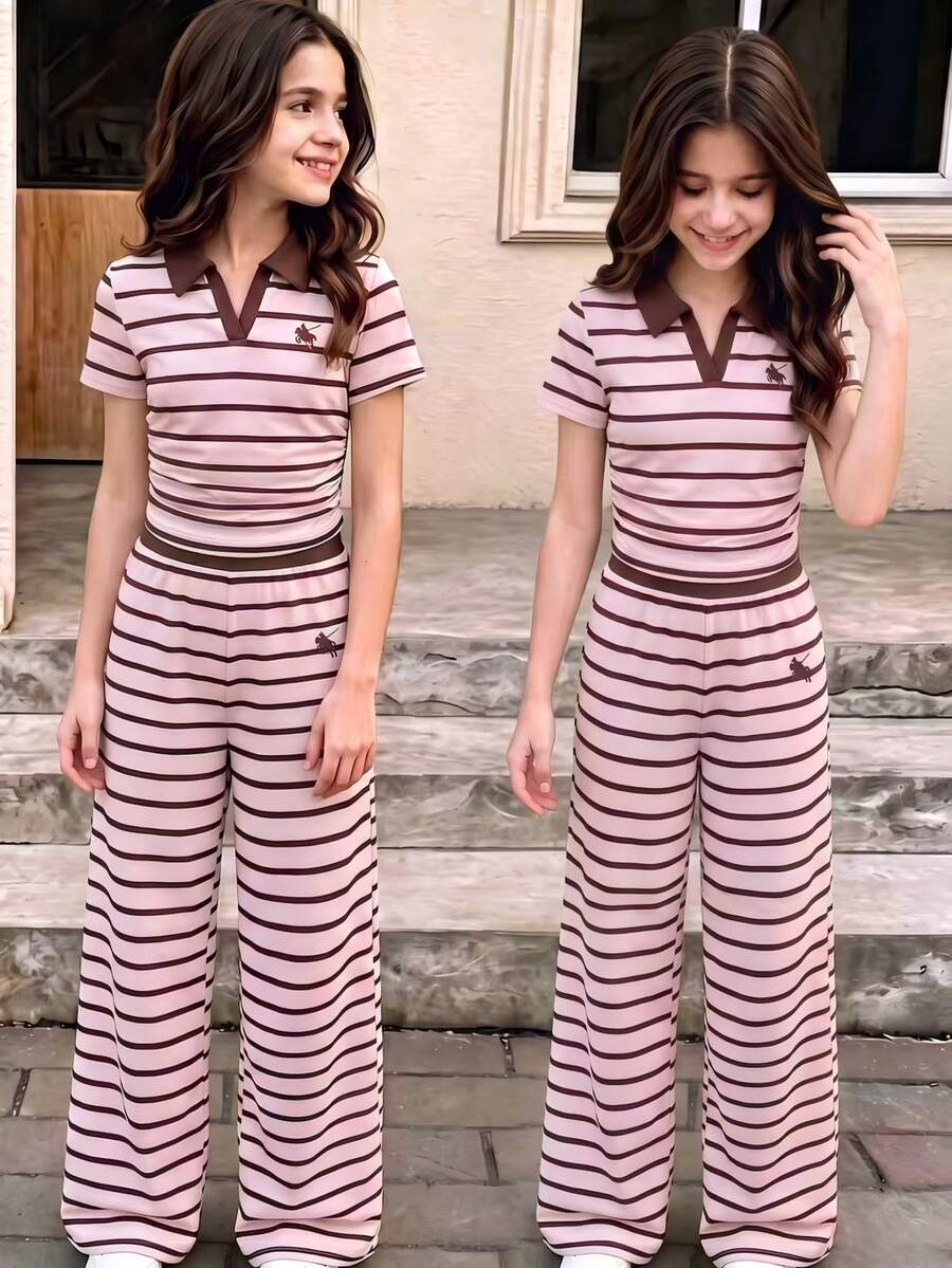 SHEIN Elladie kids 女童小號條紋短袖上衣與長褲兩件套,粉色底棕色條紋,短版 Polo 上衣配對比領 - 粉色 - 查看 1