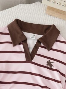 SHEIN Elladie kids 女童小號條紋短袖上衣與長褲兩件套，粉色底棕色條紋，短版 Polo 上衣配對比領 - 粉色 - 查看 4