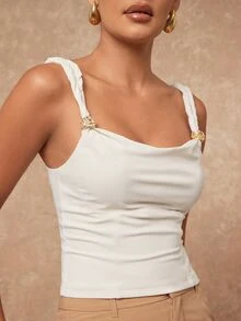Lumalex 夏季緞面扭結金屬裝飾女款上衣，優雅白色奢華度假婚禮賓客早午餐沙灘晚宴時尚畢業季 - 杏色 - 查看 5