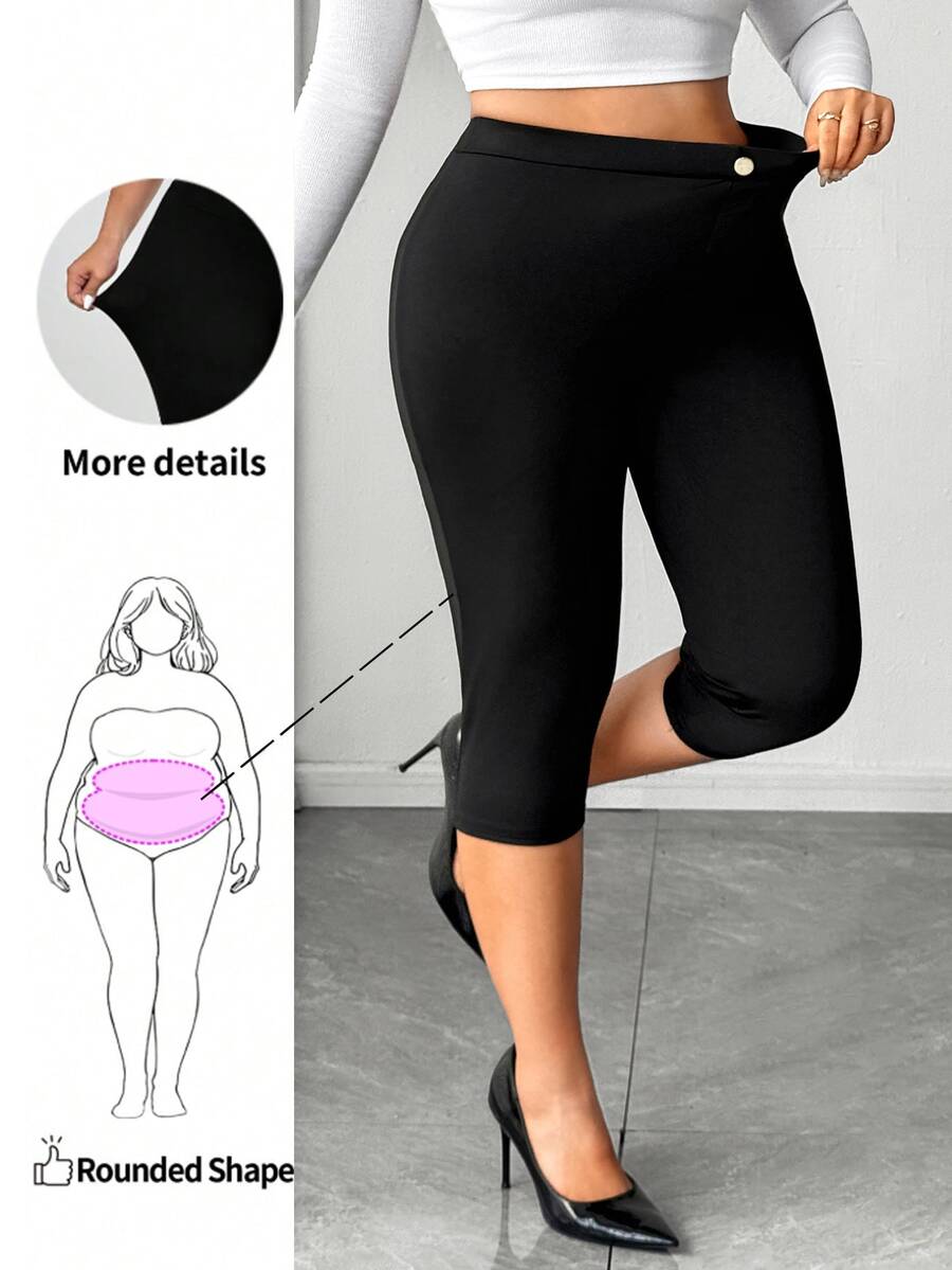 Elenzga Plus Size Women's Solid Color Casual Daily 3/4 Length Leggings - Black - View 1