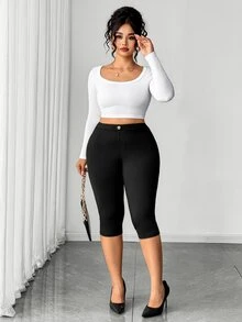 Elenzga Plus Size Women's Solid Color Casual Daily 3/4 Length Leggings - Black - View 6
