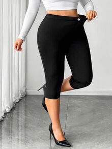 Elenzga Plus Size Women's Solid Color Casual Daily 3/4 Length Leggings - Black - View 3
