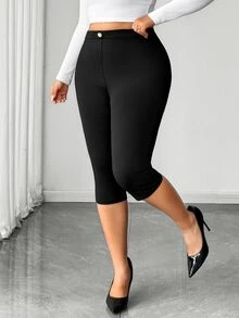Elenzga Plus Size Women's Solid Color Casual Daily 3/4 Length Leggings - Black - View 2