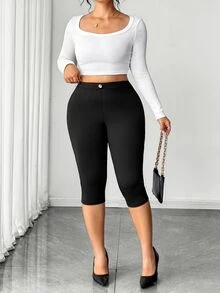 Elenzga Plus Size Women's Solid Color Casual Daily 3/4 Length Leggings - Black - View 8