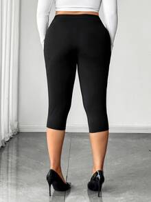 Elenzga Plus Size Women's Solid Color Casual Daily 3/4 Length Leggings - Black - View 4