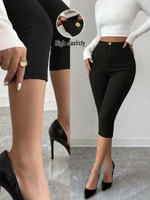 Elenzga Plus Size Women's Solid Color Casual Daily 3/4 Length Leggings - Black - View 9