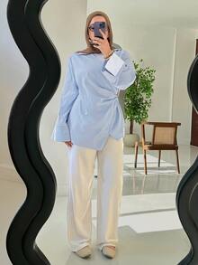 Solavon 大尺碼極簡金屬扣褶皺不對稱下擺襯衫 - 藍色 - 查看 5
