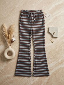 SHEIN Tall Celana Panjang Model Flare dengan Motif Garis Kontras dan Tali Serut di Pinggang - MultiWarna - View 6