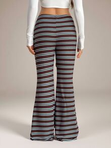 SHEIN Tall Celana Panjang Model Flare dengan Motif Garis Kontras dan Tali Serut di Pinggang - MultiWarna - View 3
