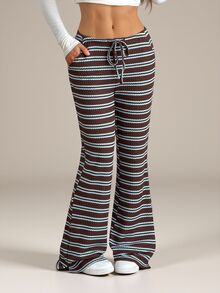 SHEIN Tall Celana Panjang Model Flare dengan Motif Garis Kontras dan Tali Serut di Pinggang - MultiWarna - View 1