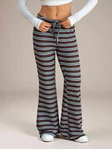 SHEIN Tall Celana Panjang Model Flare dengan Motif Garis Kontras dan Tali Serut di Pinggang - MultiWarna - View 2