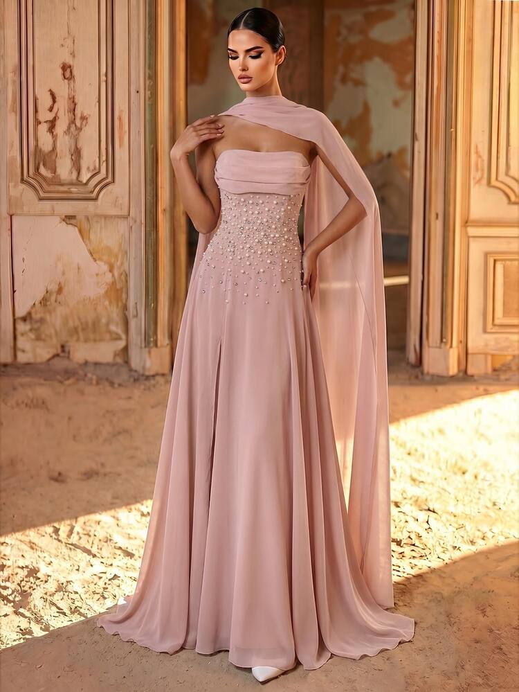 Aureia Elegant Luxurious Glamorous Beaded Diamond Sexy Strapless Full Skirt Split Chiffon Ruched Strapless Wedding Event Bachelorette Party Vacation Prom Evening Gown Dress - Dusty Pink - View 5