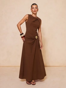 Lumalex 100%纯棉舒适褶皱不对称金属装饰无袖连衣裙（女款） - 咖啡棕 - 查看 12