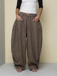COUREZ 夏季中性低腰宽松直筒格纹长裤 Y2K 休闲男女通用棉质 - 棕色 - 查看 4