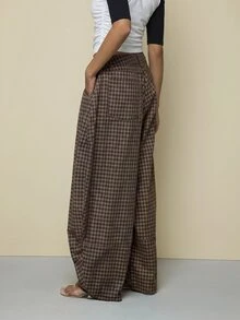 COUREZ 夏季中性低腰宽松直筒格纹长裤 Y2K 休闲男女通用棉质 - 棕色 - 查看 3