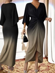 SHEIN Lady 大尺碼女款漸層色扭結設計喇叭袖優雅洋裝 - 彩色 - 查看 1