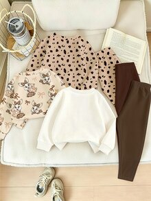 SHEIN Maillard復古豹紋兔子女童長袖套裝 夏季卡通兔圓領衛衣＋純色長褲 2件套 隨機1套 - 彩色 - 查看 4