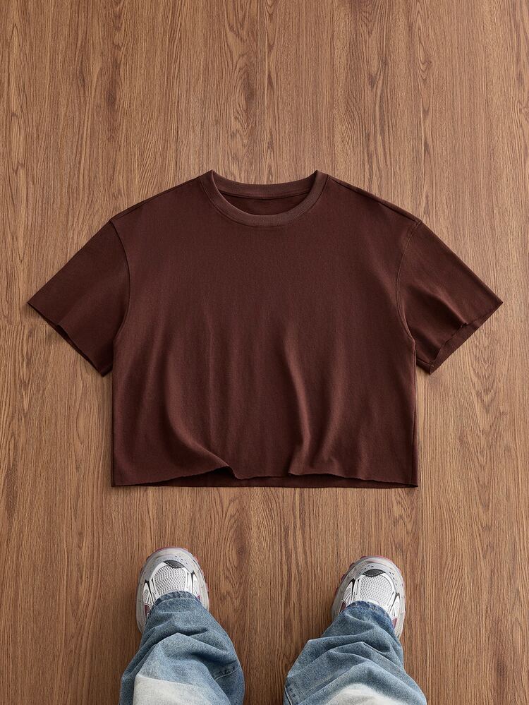 Manfinity BRENVOR Boxy Cropped 100% Cotton Tee Shirt - Brown - View 2