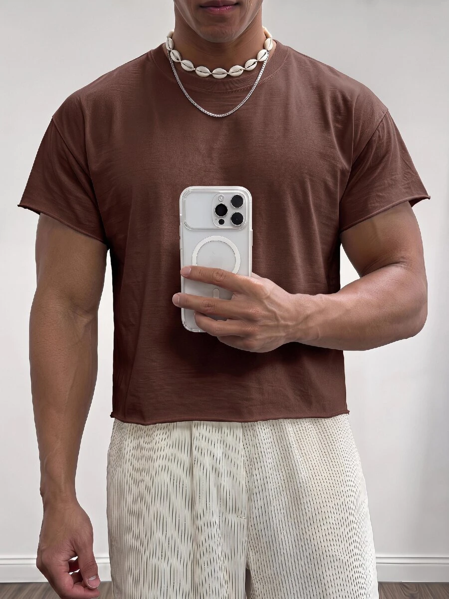 Manfinity BRENVOR 方正短版 100% 純棉 T-shirt - 棕色 - 查看 1