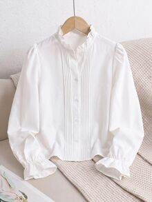 SHEIN 兒童青少年女孩秋冬休閒校園風精緻珠飾大領長袖前扣白色襯衫，返校襯衫，小學制服上衣 - 白色 - 查看 9