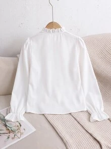 SHEIN 兒童青少年女孩秋冬休閒校園風精緻珠飾大領長袖前扣白色襯衫，返校襯衫，小學制服上衣 - 白色 - 查看 2