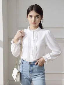 SHEIN 兒童青少年女孩秋冬休閒校園風精緻珠飾大領長袖前扣白色襯衫，返校襯衫，小學制服上衣 - 白色 - 查看 4