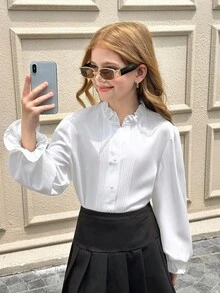 SHEIN 兒童青少年女孩秋冬休閒校園風精緻珠飾大領長袖前扣白色襯衫，返校襯衫，小學制服上衣 - 白色 - 查看 5