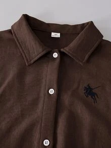SHEIN Tween女孩淺卡其色紋理兩件套，刺繡翻領長袖襯衫搭配同布料鬆緊腰寬腿褲，親膚材質，休閒隨性風格女孩服飾，春夏/秋冬日常街頭通勤穿搭，小眾設計極簡套裝 - 棕色 - 查看 3