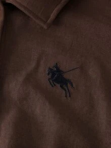 SHEIN Tween女孩淺卡其色紋理兩件套，刺繡翻領長袖襯衫搭配同布料鬆緊腰寬腿褲，親膚材質，休閒隨性風格女孩服飾，春夏/秋冬日常街頭通勤穿搭，小眾設計極簡套裝 - 棕色 - 查看 4