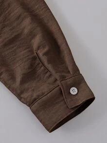 SHEIN Tween女孩淺卡其色紋理兩件套，刺繡翻領長袖襯衫搭配同布料鬆緊腰寬腿褲，親膚材質，休閒隨性風格女孩服飾，春夏/秋冬日常街頭通勤穿搭，小眾設計極簡套裝 - 棕色 - 查看 5