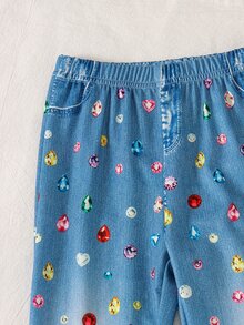 女童 2 件套，時尚甜美櫻桃仿水鑽印花長袖抓絨衛衣上衣與仿水鑽印花喇叭褲，柔軟套裝，適合秋冬外出穿著 - 彩色 - 查看 4
