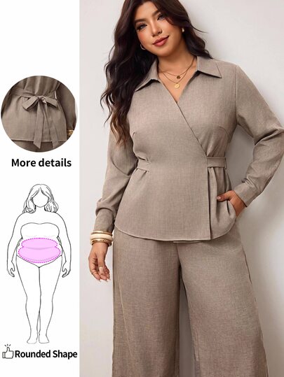 Enliva Plus Size Women's Loose Business Casual Vacation Style Fashion Office Set, Waist-Cinching V-Neck Blouse With Wide Leg Casual Pants 2-Piece Set