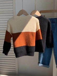 SHEIN 兒童 2 件組返校季小男孩棕色卡其紋理寬鬆套頭毛衣套裝，秋冬款，適合居家、疊穿、外出與上學 - 彩色 - 查看 3