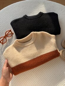 SHEIN 兒童 2 件組返校季小男孩棕色卡其紋理寬鬆套頭毛衣套裝，秋冬款，適合居家、疊穿、外出與上學 - 彩色 - 查看 4