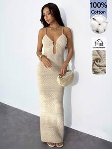 SHEIN PETITE Apricot Autumn Bohemian Style Sexy Tropical Beaded Vacation Knit Dress With Round Metal Buckle,Elegant Modern Look,Suitable For Business Casual,Beach - Apricot - View 11