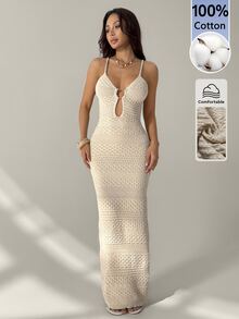 SHEIN PETITE Apricot Autumn Bohemian Style Sexy Tropical Beaded Vacation Knit Dress With Round Metal Buckle,Elegant Modern Look,Suitable For Business Casual,Beach - Apricot - View 7