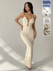 SHEIN PETITE Apricot Autumn Bohemian Style Sexy Tropical Beaded Vacation Knit Dress With Round Metal Buckle,Elegant Modern Look,Suitable For Business Casual,Beach - Apricot - View 10