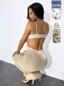 SHEIN PETITE Apricot Autumn Bohemian Style Sexy Tropical Beaded Vacation Knit Dress With Round Metal Buckle,Elegant Modern Look,Suitable For Business Casual,Beach - Apricot - View 9